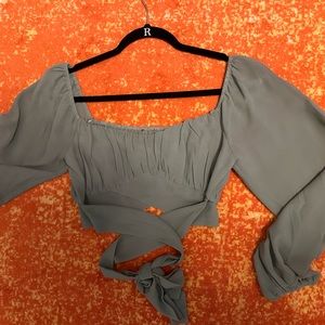 Sage Green Puffy Long Sleeve Crop Top